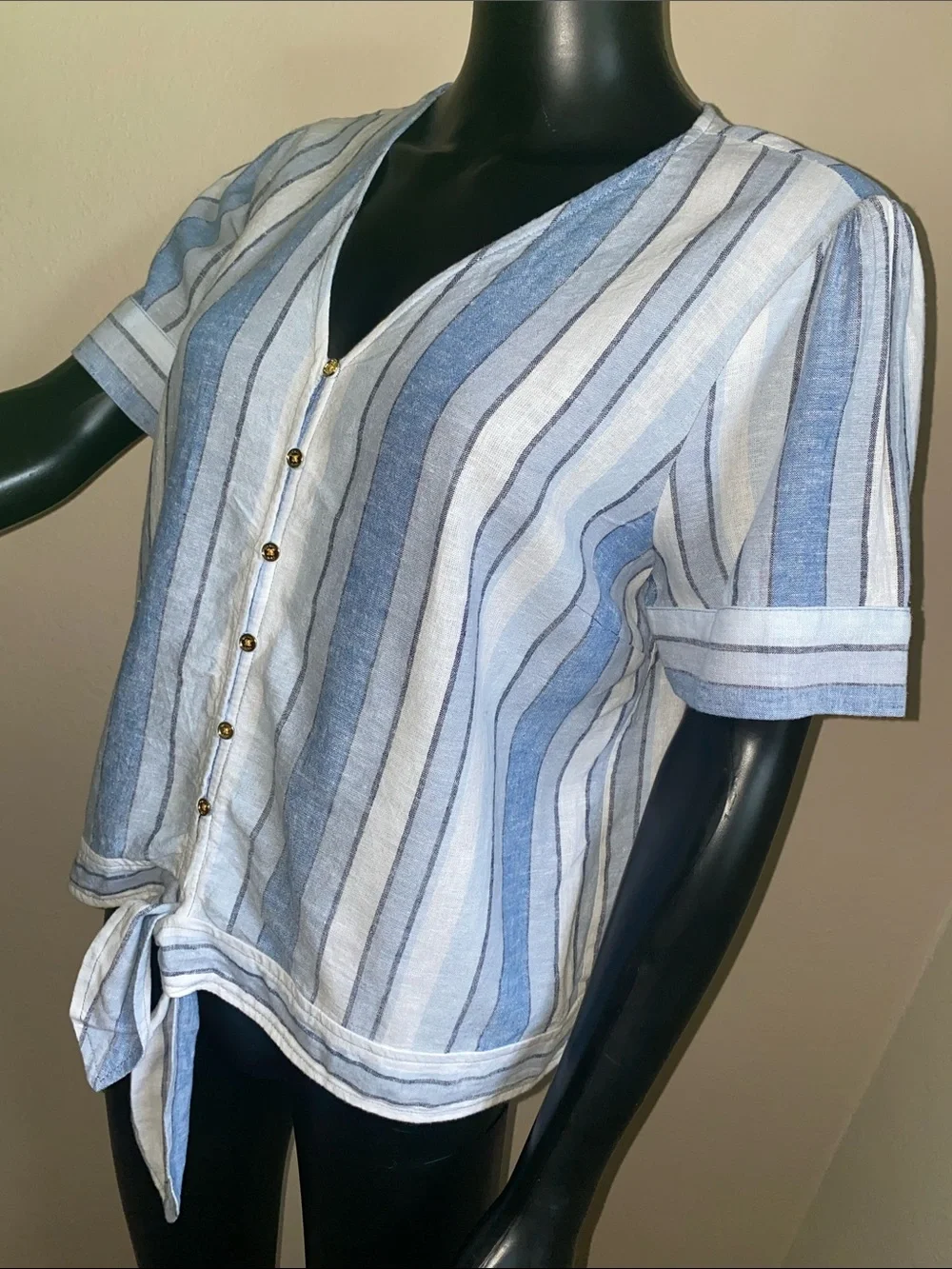 Michael Kors Blue and White Striped Tie-Front Button Linen Blend Blouse